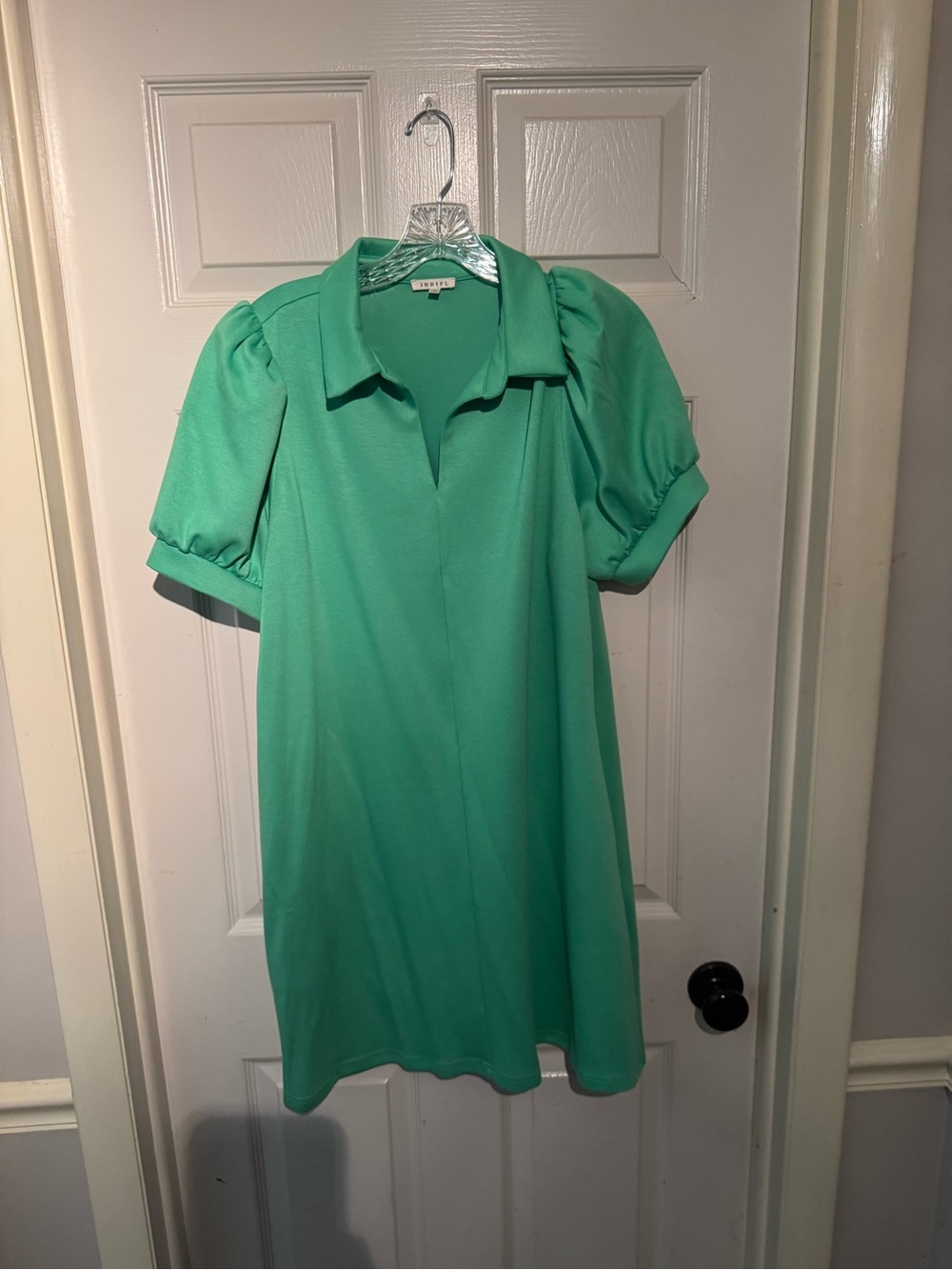 Green Puff Sleeve Collared Dress, Jodifl